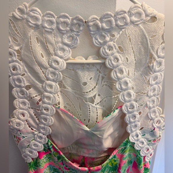 Lilly Pulitzer Pink and Green Romper Raz Berry Catty Shack Sadie Romper - Picture 12 of 13